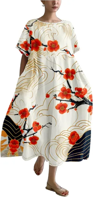 Boho Floral Casual Summer Dress for Women 2024 Plus Size T Shirt Dress Short Sleeve Japanese Art Maxi Dress