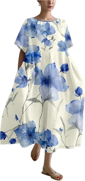 Boho Floral Casual Summer Dress for Women 2024 Plus Size T Shirt Dress Short Sleeve Japanese Art Maxi Dress