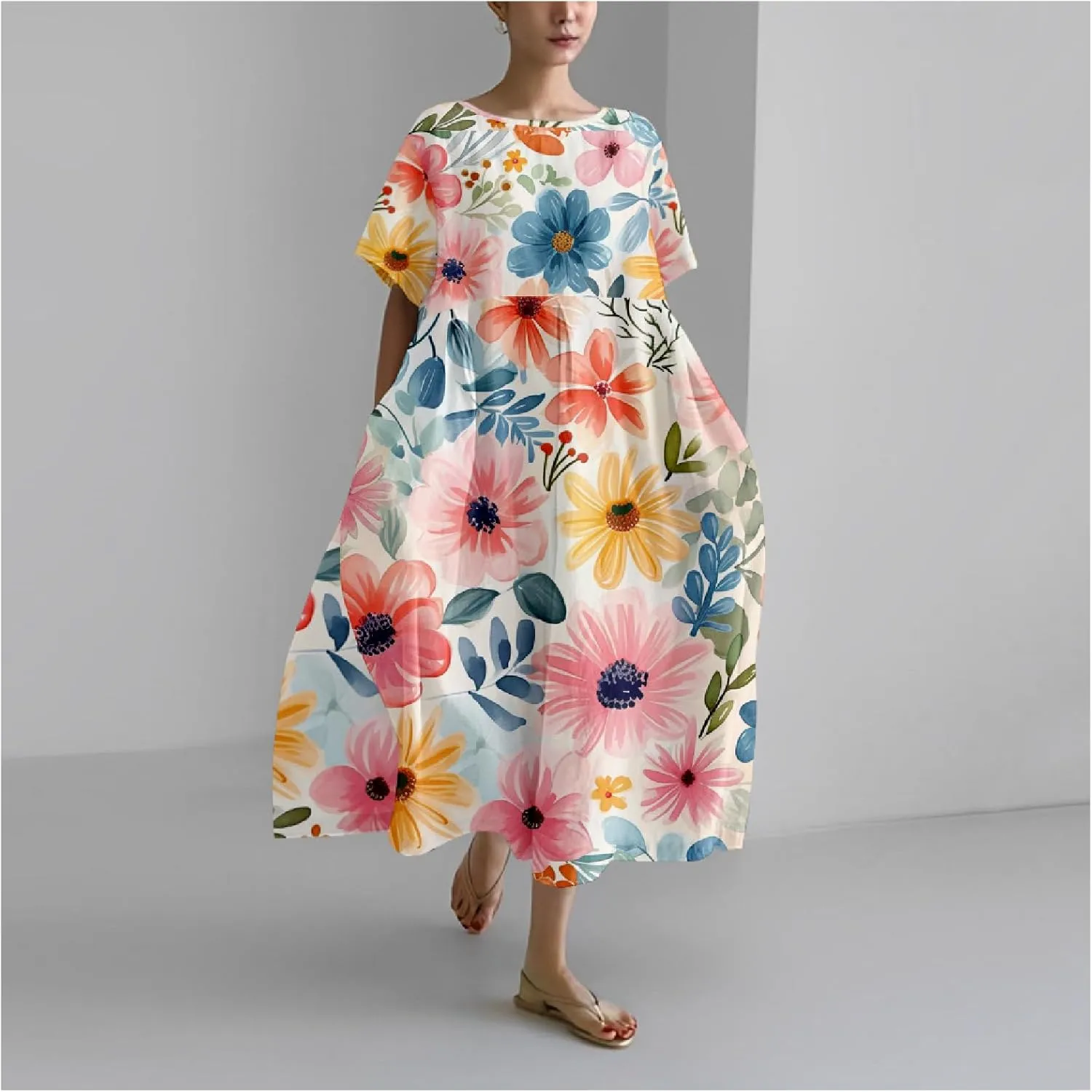 Boho Floral Casual Summer Dress for Women 2024 Plus Size T Shirt Dress Short Sleeve Japanese Art Maxi Dress