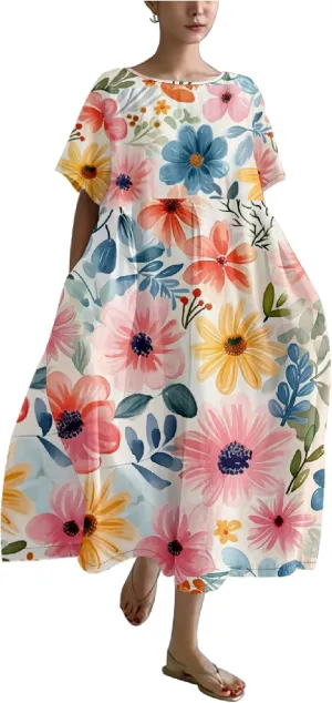 Boho Floral Casual Summer Dress for Women 2024 Plus Size T Shirt Dress Short Sleeve Japanese Art Maxi Dress