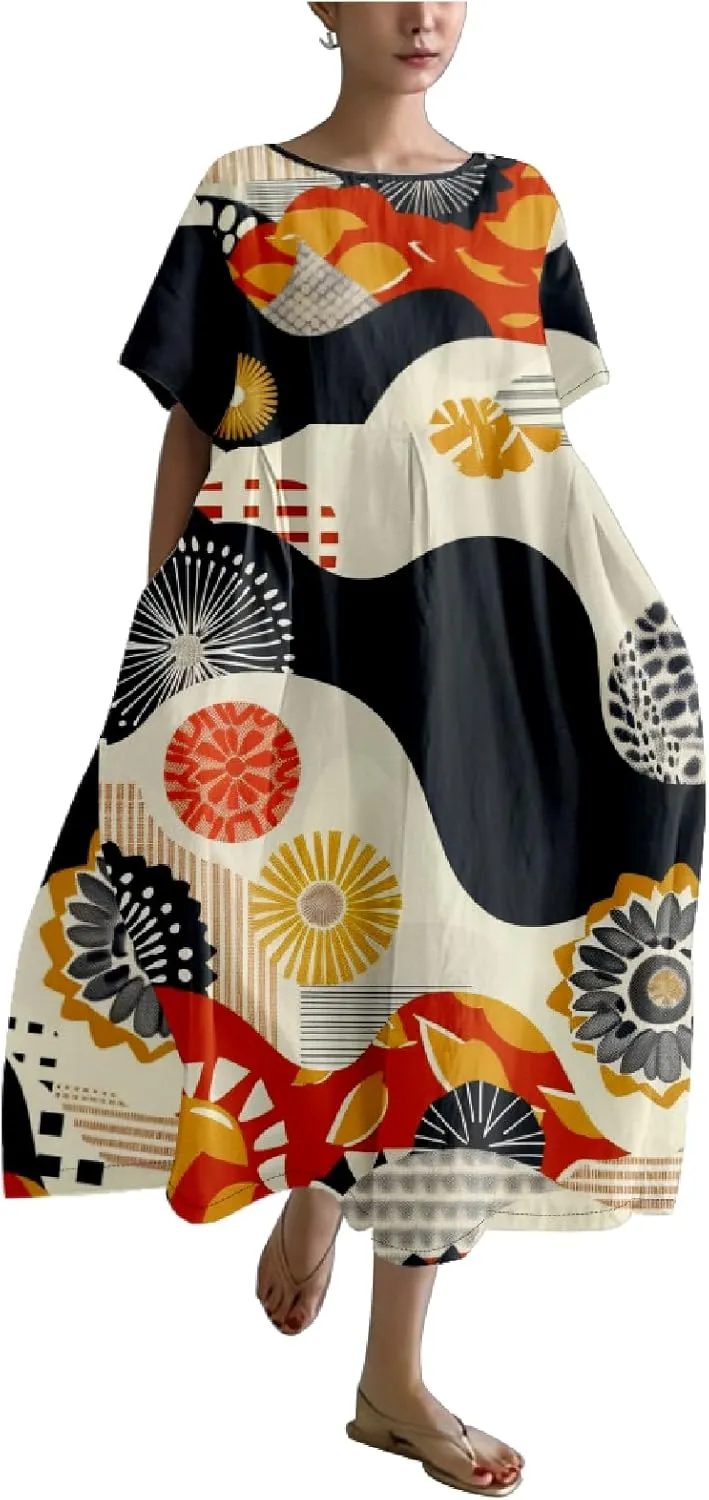 Boho Floral Casual Summer Dress for Women 2024 Plus Size T Shirt Dress Short Sleeve Japanese Art Maxi Dress