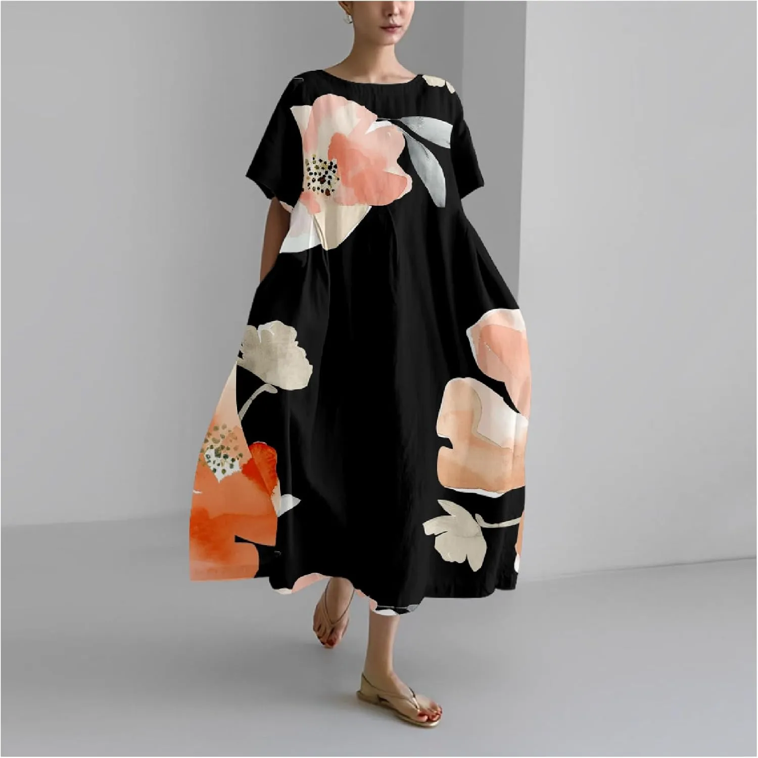 Boho Floral Casual Summer Dress for Women 2024 Plus Size T Shirt Dress Short Sleeve Japanese Art Maxi Dress