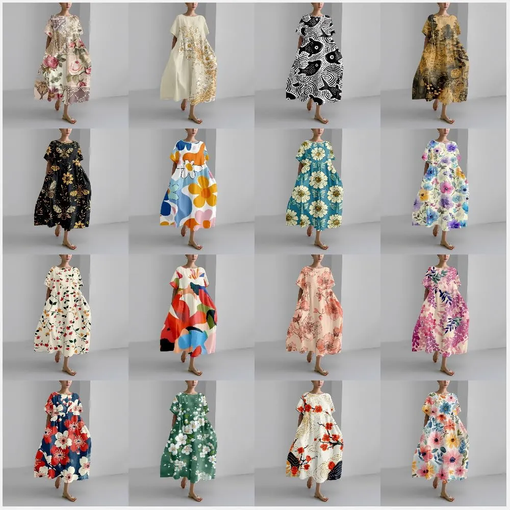 Boho Floral Casual Summer Dress for Women 2024 Plus Size T Shirt Dress Short Sleeve Japanese Art Maxi Dress