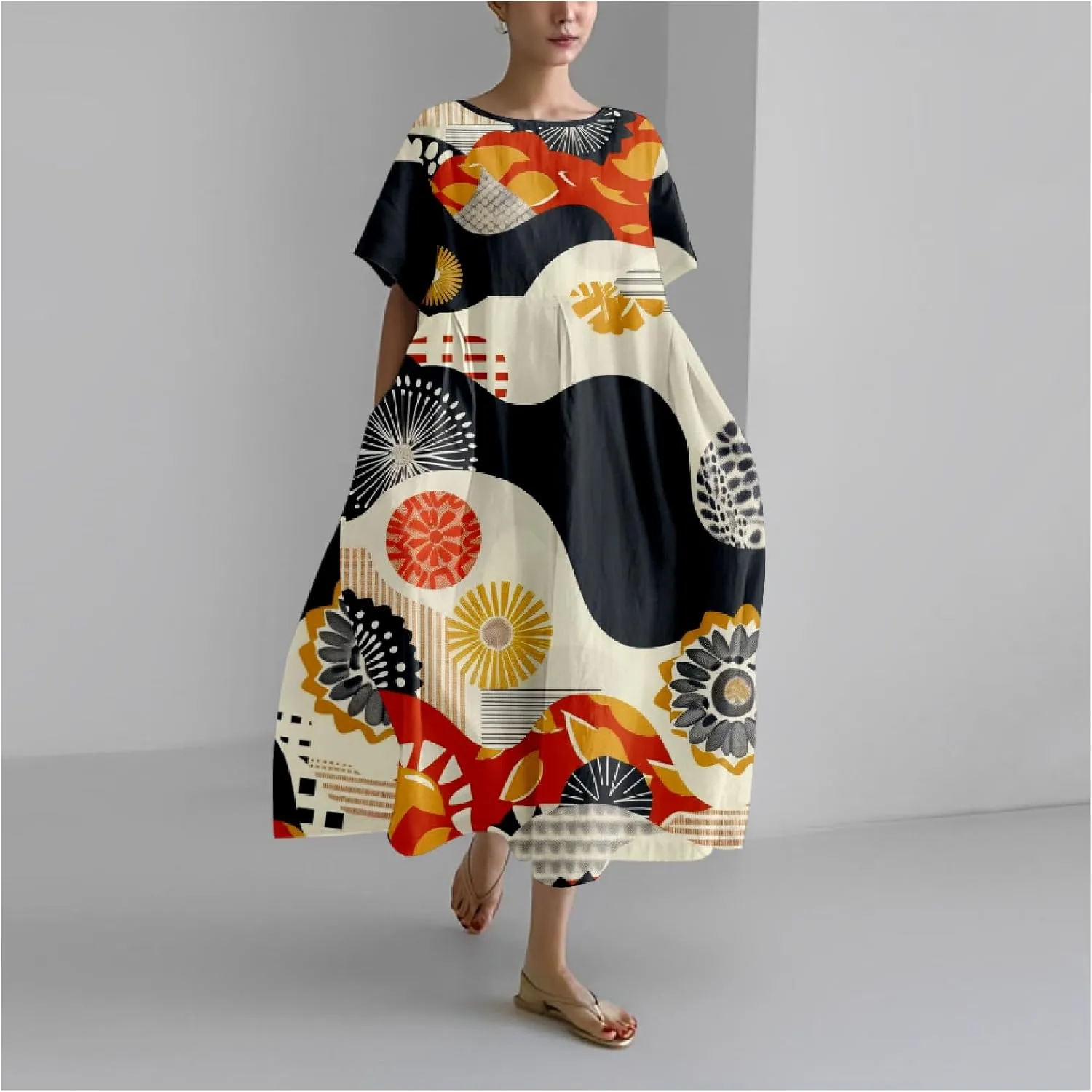 Boho Floral Casual Summer Dress for Women 2024 Plus Size T Shirt Dress Short Sleeve Japanese Art Maxi Dress
