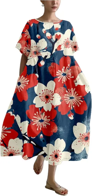 Boho Floral Casual Summer Dress for Women 2024 Plus Size T Shirt Dress Short Sleeve Japanese Art Maxi Dress