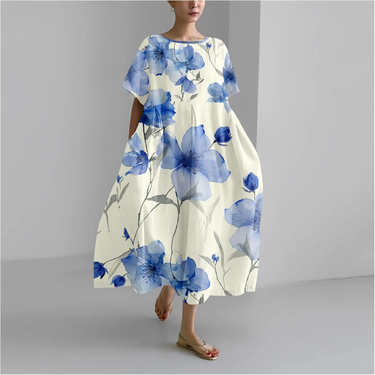 Boho Floral Casual Summer Dress for Women 2024 Plus Size T Shirt Dress Short Sleeve Japanese Art Maxi Dress