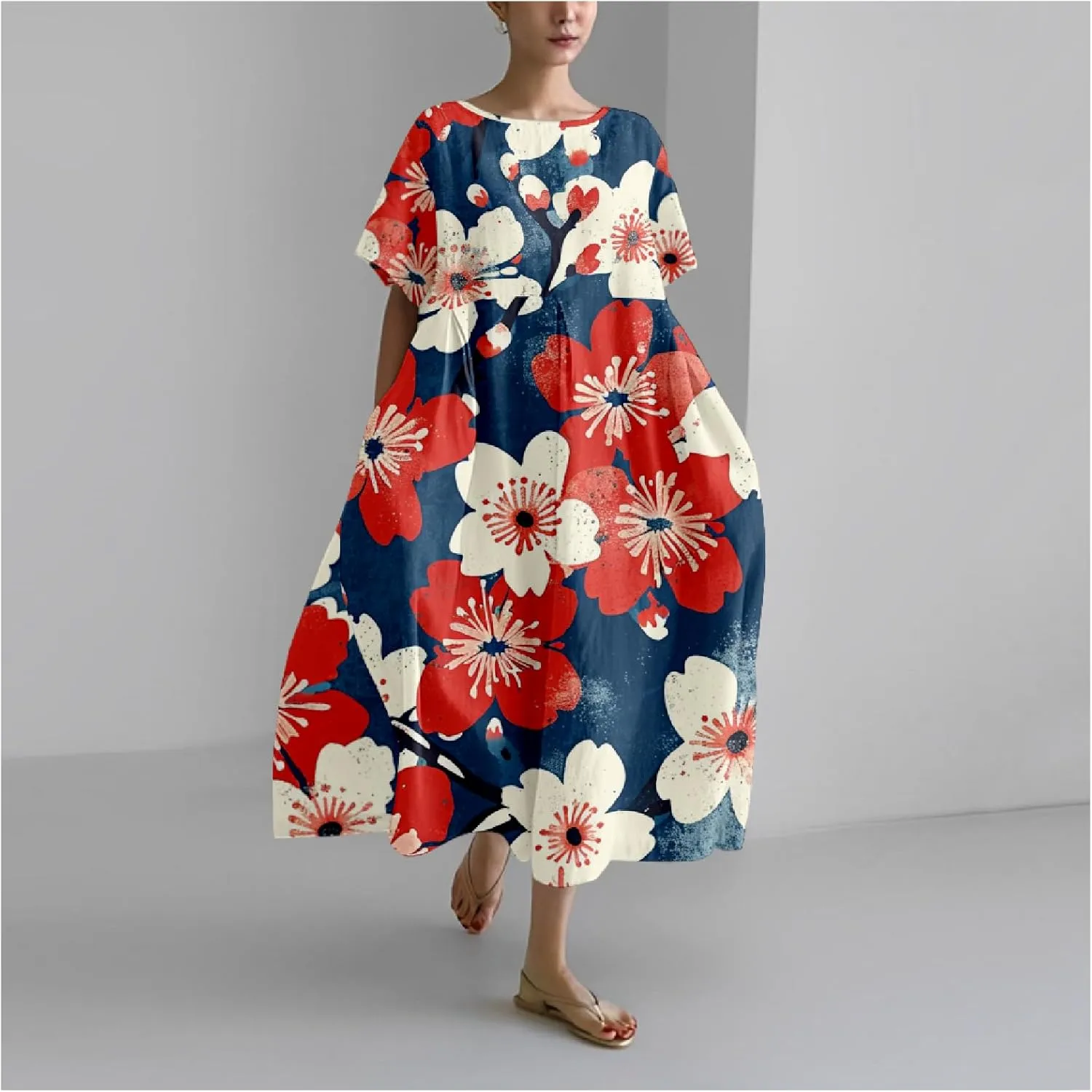 Boho Floral Casual Summer Dress for Women 2024 Plus Size T Shirt Dress Short Sleeve Japanese Art Maxi Dress