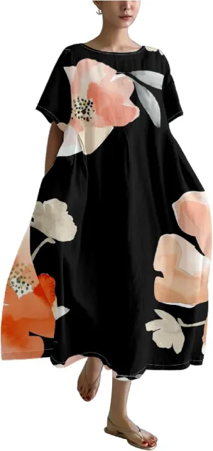 Boho Floral Casual Summer Dress for Women 2024 Plus Size T Shirt Dress Short Sleeve Japanese Art Maxi Dress