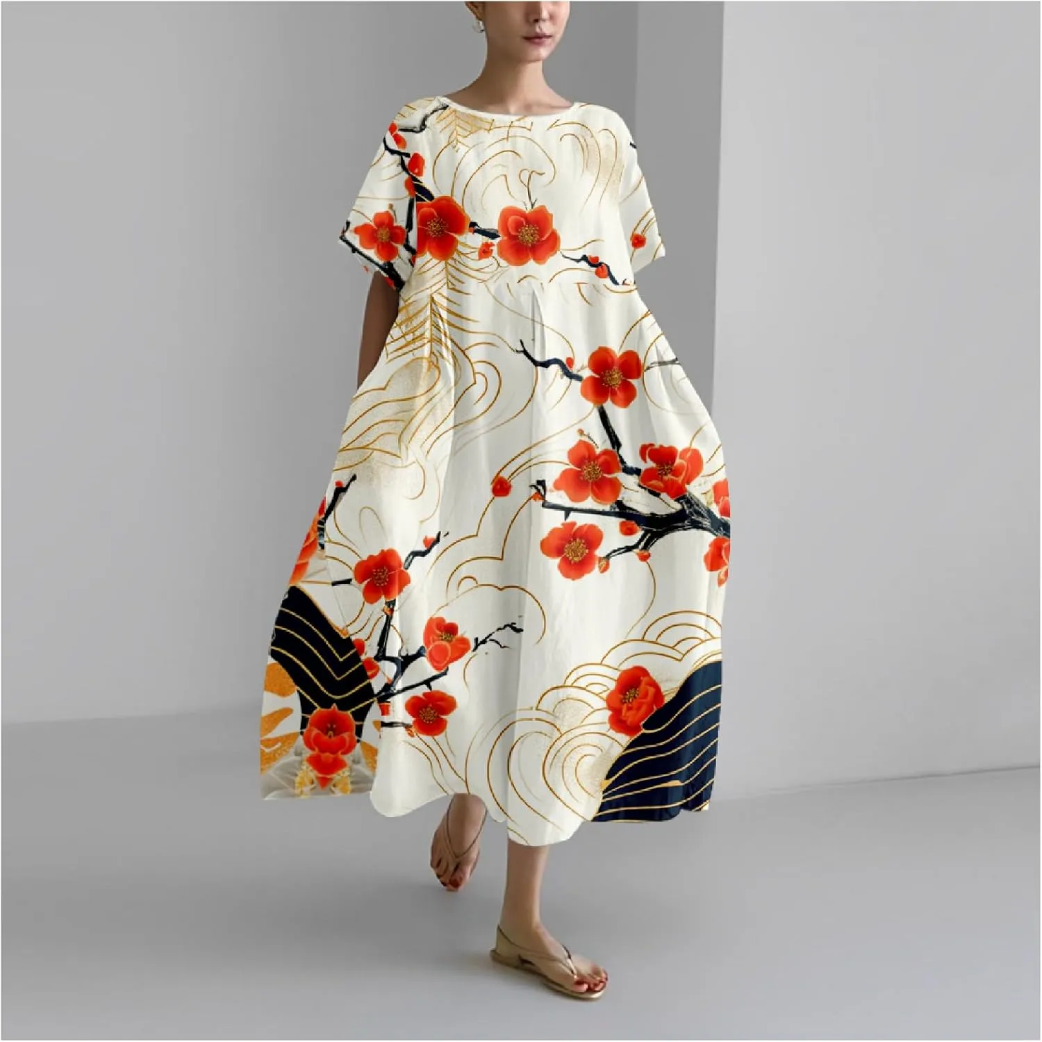 Boho Floral Casual Summer Dress for Women 2024 Plus Size T Shirt Dress Short Sleeve Japanese Art Maxi Dress