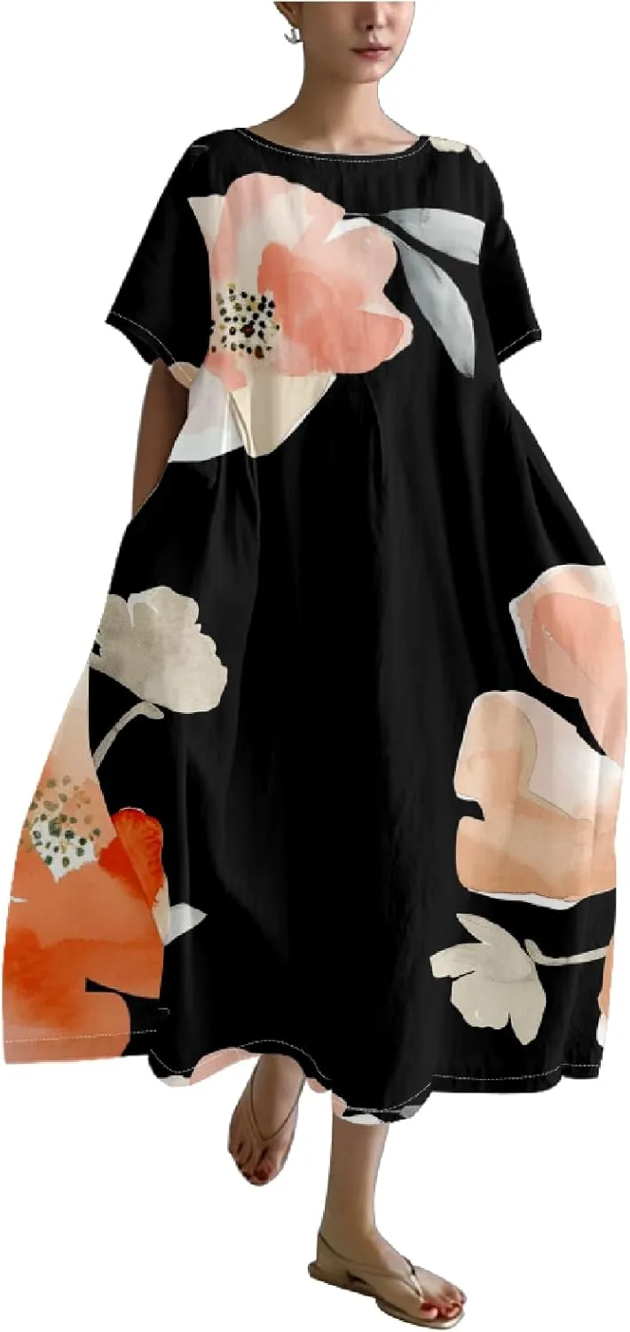 Boho Floral Casual Summer Dress for Women 2024 Plus Size T Shirt Dress Short Sleeve Japanese Art Maxi Dress