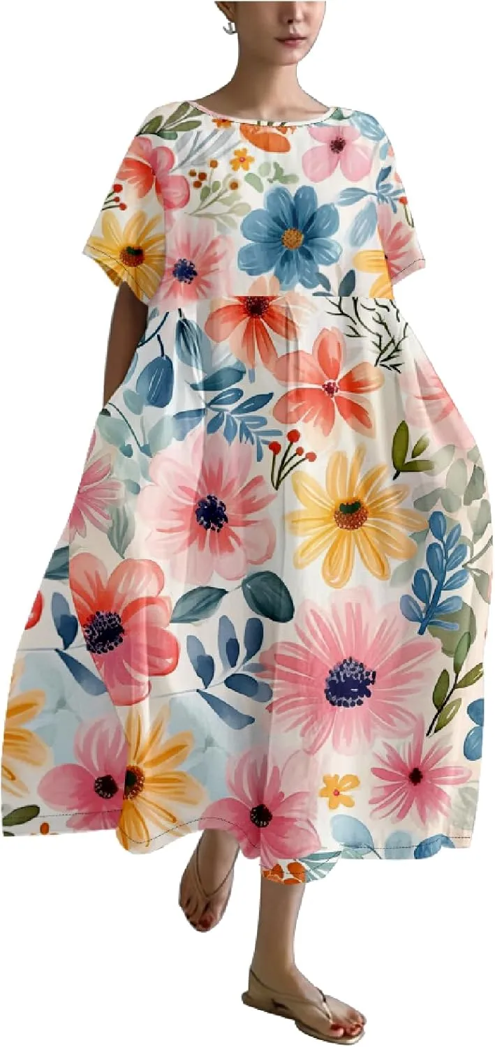 Boho Floral Casual Summer Dress for Women 2024 Plus Size T Shirt Dress Short Sleeve Japanese Art Maxi Dress