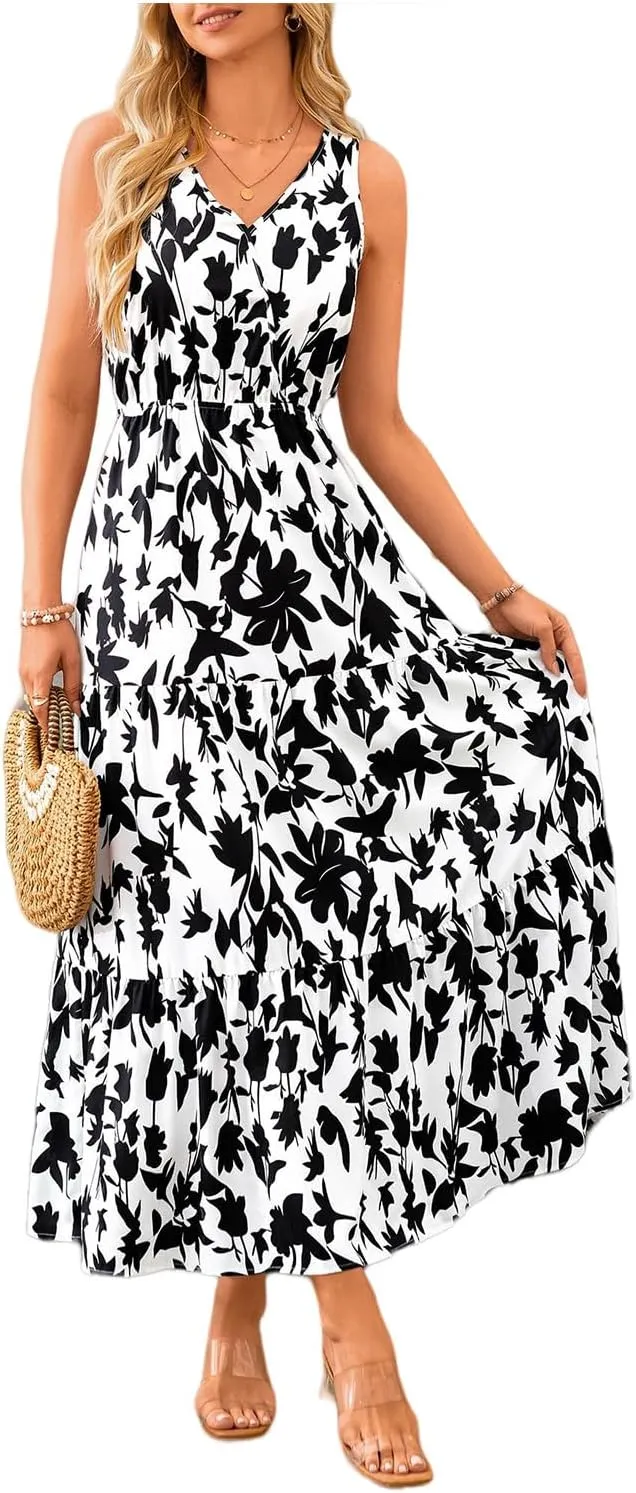 Boho Summer Dresses for Women 2025 Casual Floral Maxi Dress Sleeveless Bohemian Long Sundress Flowy Beach Dresses