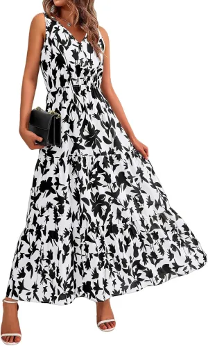 Boho Summer Dresses for Women 2025 Casual Floral Maxi Dress Sleeveless Bohemian Long Sundress Flowy Beach Dresses
