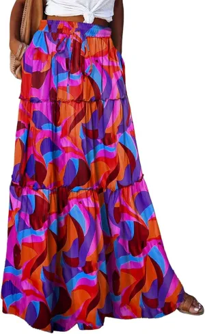 Boho Womens Tiered High Waist Tie Paisley Floral Print Long Maxi Skirt with Pockets