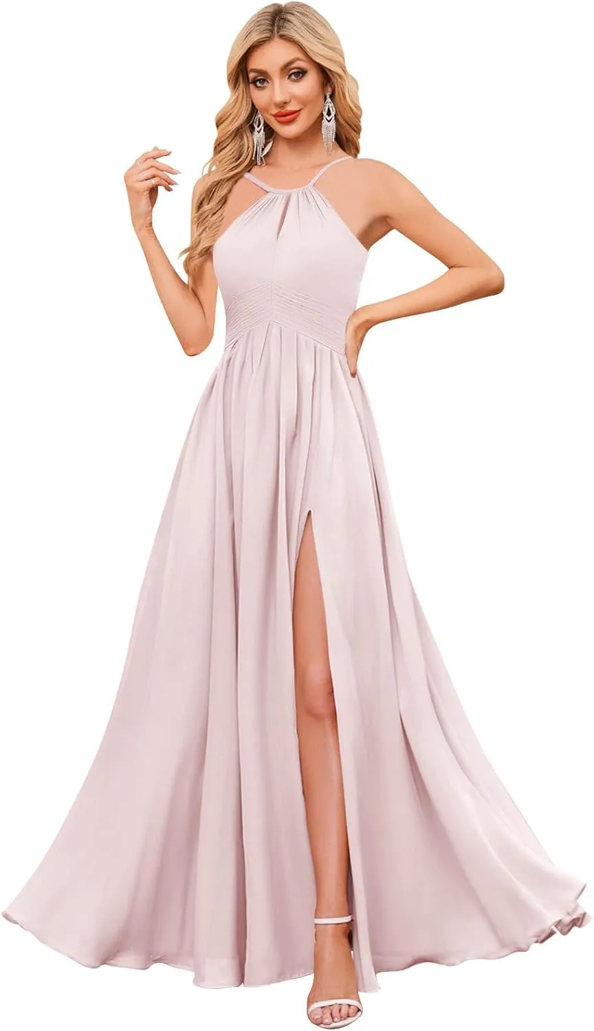 BOLENSYE Women's Halter Bridesmaid Dresses Long Chiffon Pleated Evening Party Gown A Line Wedding Guest Dress with Slit