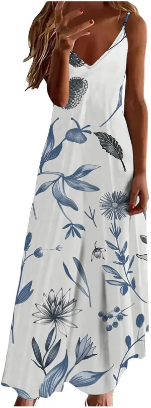 Casual Summer Dresses for Women Aline, Sleeveless Casual V Neck Ruffle Dresses, Lightweight Floral Boho Dress