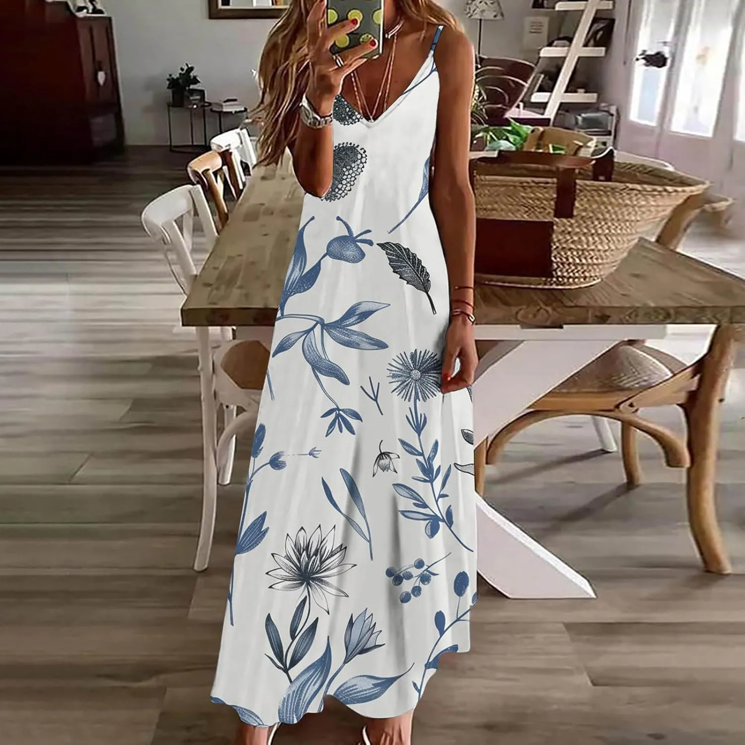 Casual Summer Dresses for Women Aline, Sleeveless Casual V Neck Ruffle Dresses, Lightweight Floral Boho Dress