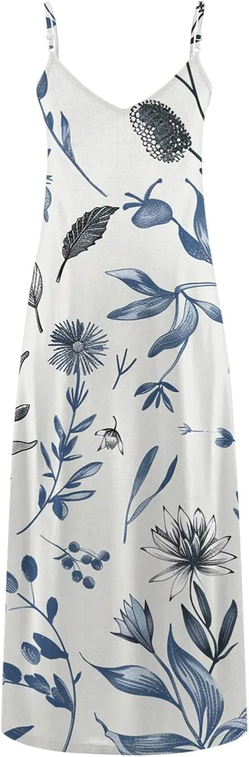 Casual Summer Dresses for Women Aline, Sleeveless Casual V Neck Ruffle Dresses, Lightweight Floral Boho Dress