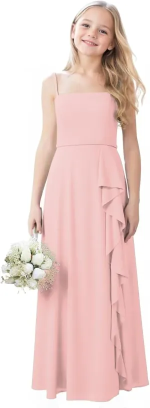 Chiffon Junior Bridesmaid Dresses with Slit Ruffle Spaghetti Straps A Line Flower Girl Formal Dress for Wedding