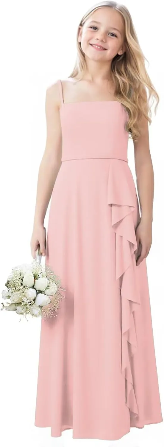 Chiffon Junior Bridesmaid Dresses with Slit Ruffle Spaghetti Straps A Line Flower Girl Formal Dress for Wedding