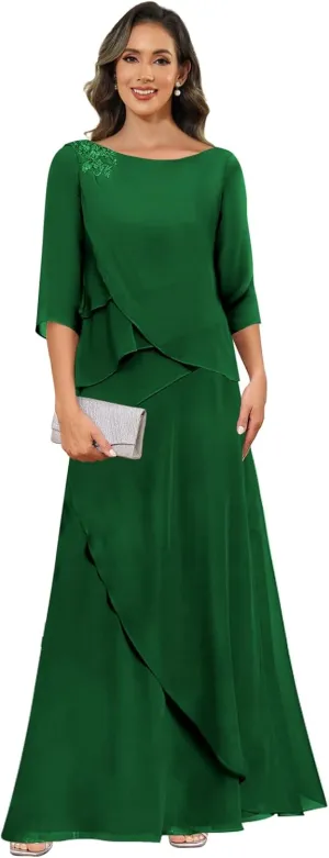 Chiffon Mother of The Bride Dresses for Women with Sleeves Lace Long Evening Gowns