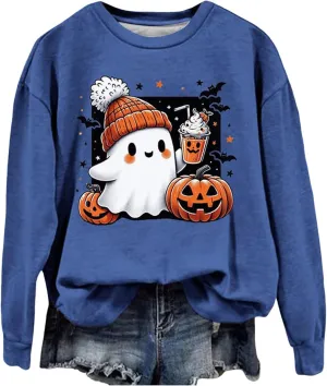 Christmas Halloween Sweatshirts For Women Pumpkin Ghost Pullover Sweater Cute Trendy Sweatshirt Funny Graphic Clothes
