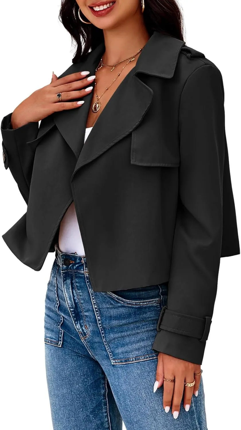 Cicy Bell Womens Cropped Trench Coat Casual Long Sleeve Notched Lapel Blazer Jacket