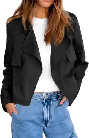 Cicy Bell Womens Cropped Trench Coat Casual Long Sleeve Notched Lapel Blazer Jacket