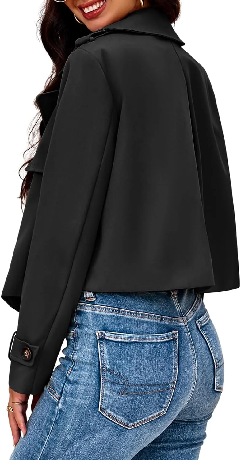Cicy Bell Womens Cropped Trench Coat Casual Long Sleeve Notched Lapel Blazer Jacket