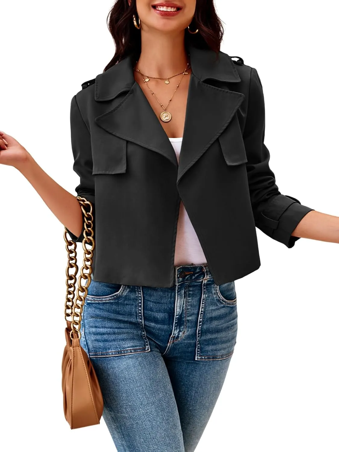 Cicy Bell Womens Cropped Trench Coat Casual Long Sleeve Notched Lapel Blazer Jacket