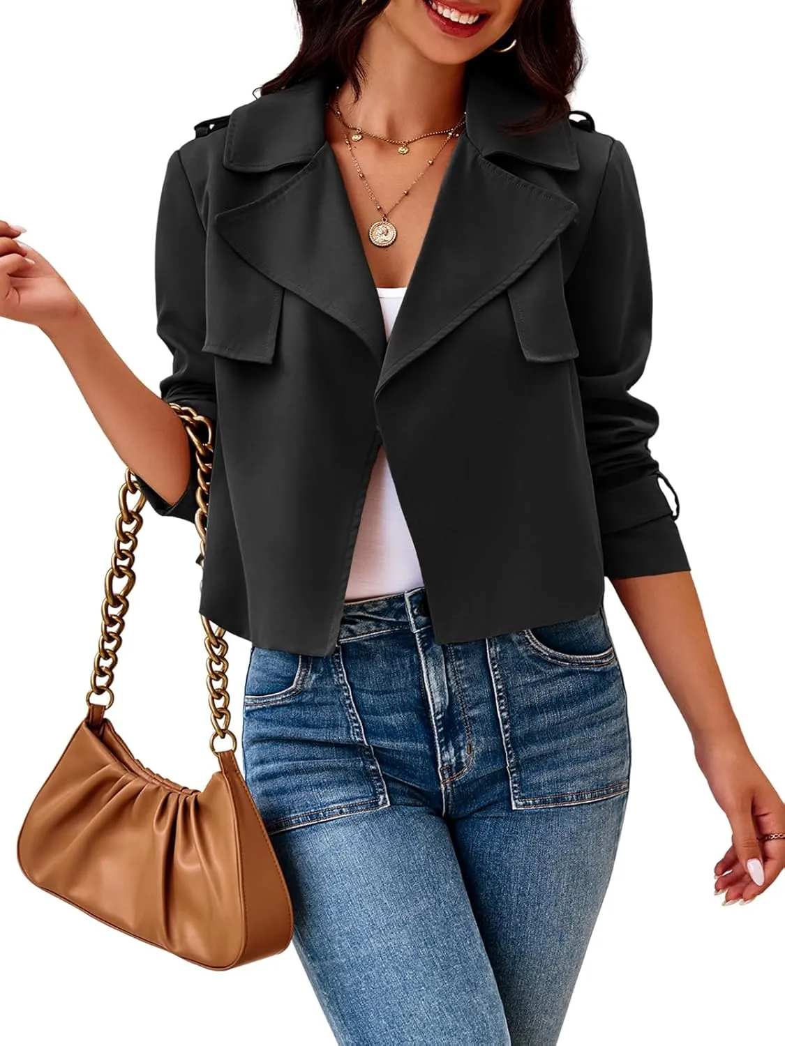 Cicy Bell Womens Cropped Trench Coat Casual Long Sleeve Notched Lapel Blazer Jacket