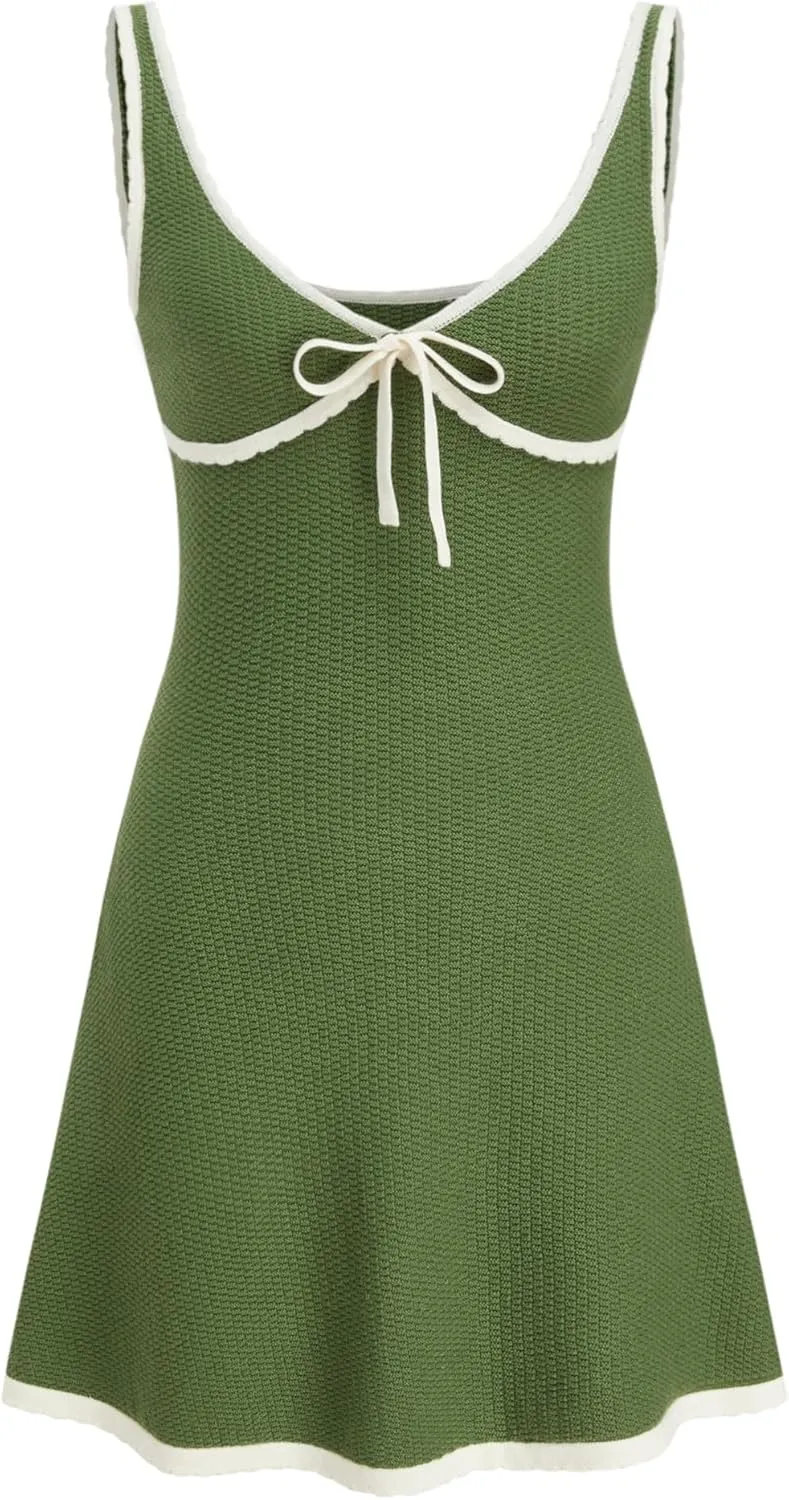 CIDER Knit Mini Dress V Neck Knotted Sleeveless Party Dress Middle Waist Dresses