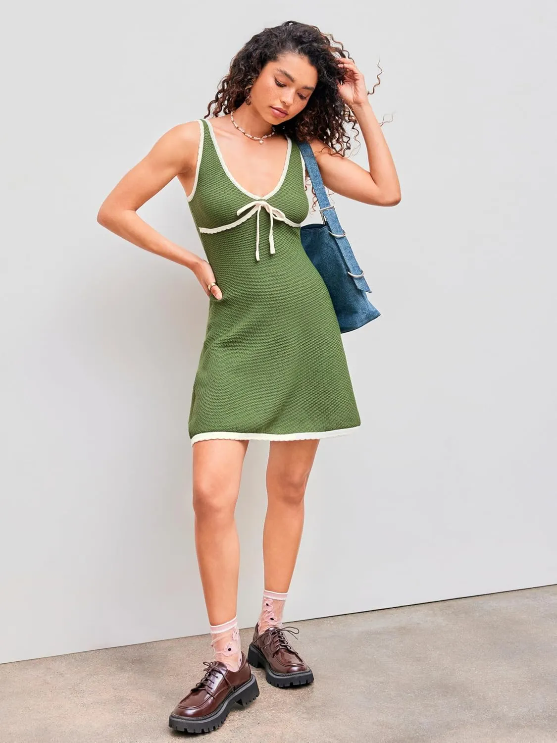 CIDER Knit Mini Dress V Neck Knotted Sleeveless Party Dress Middle Waist Dresses