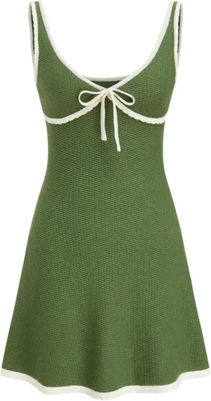 CIDER Knit Mini Dress V Neck Knotted Sleeveless Party Dress Middle Waist Dresses