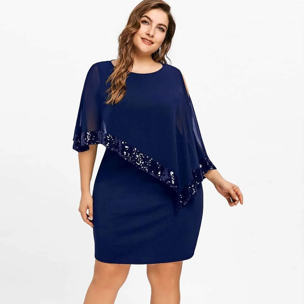 Cocktail Party Dress Women Elegant Cape Sleeve Chiffon Evening Dress Sleeveless Wedding Guest Pencil Dress Plus Size