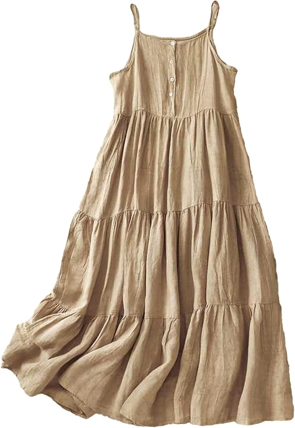 Cotton Linen Sundress for Women Summer Casual Spaghetti Strap Sleeveless Ruffle Tiered Beach Flowy Long Dresses Lightweight