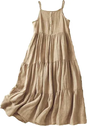 Cotton Linen Sundress for Women Summer Casual Spaghetti Strap Sleeveless Ruffle Tiered Beach Flowy Long Dresses Lightweight