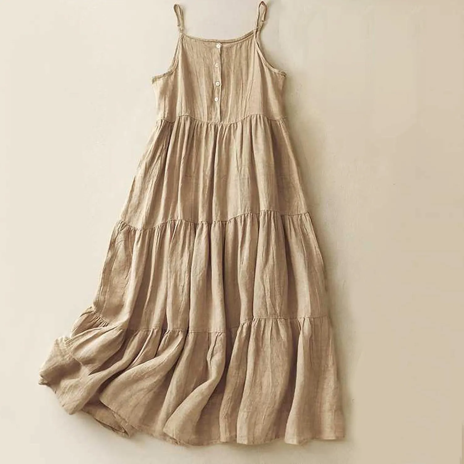 Cotton Linen Sundress for Women Summer Casual Spaghetti Strap Sleeveless Ruffle Tiered Beach Flowy Long Dresses Lightweight