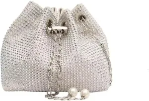 Crystal Rhinestone Evening Bucket Bag, Chain Strap Drawstring Purse with Pearl Details, Silver