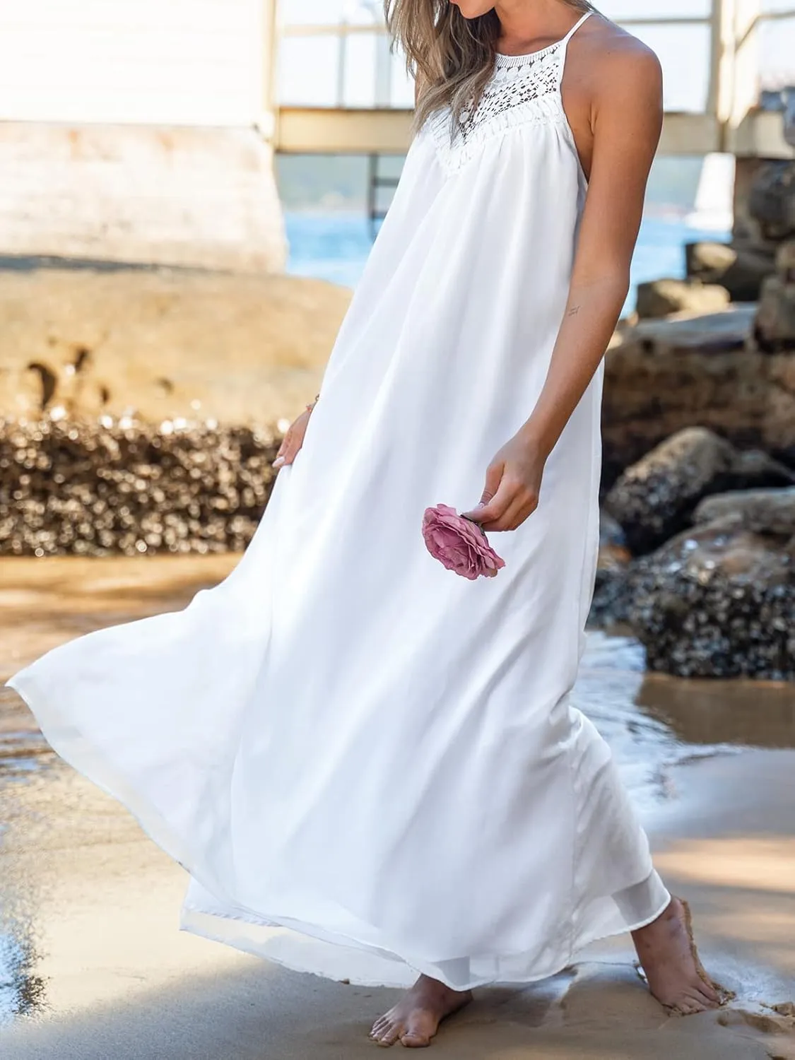 CUPSHE Women Loose Fit Halter Neck Lace Flowy Maxi Dress Summer Sleeveless Beach Dresses