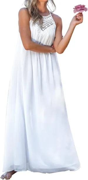 CUPSHE Women Loose Fit Halter Neck Lace Flowy Maxi Dress Summer Sleeveless Beach Dresses