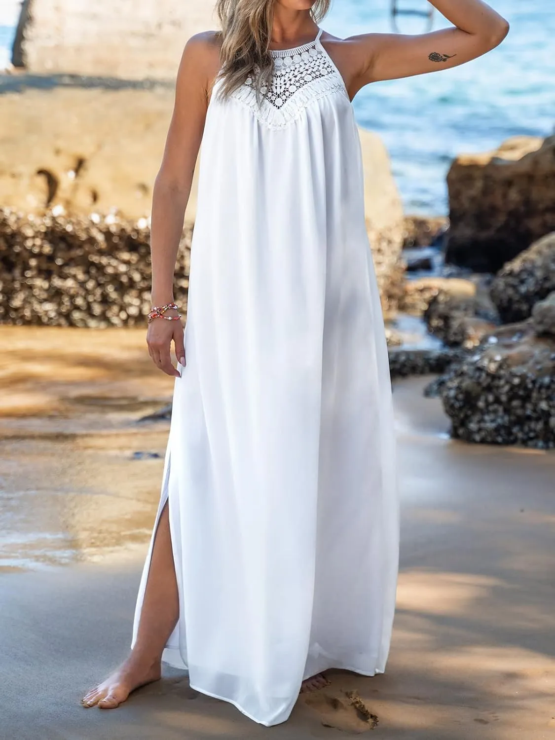 CUPSHE Women Loose Fit Halter Neck Lace Flowy Maxi Dress Summer Sleeveless Beach Dresses
