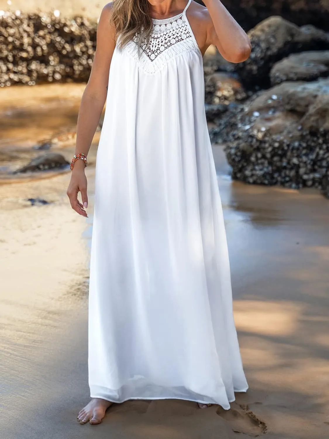 CUPSHE Women Loose Fit Halter Neck Lace Flowy Maxi Dress Summer Sleeveless Beach Dresses