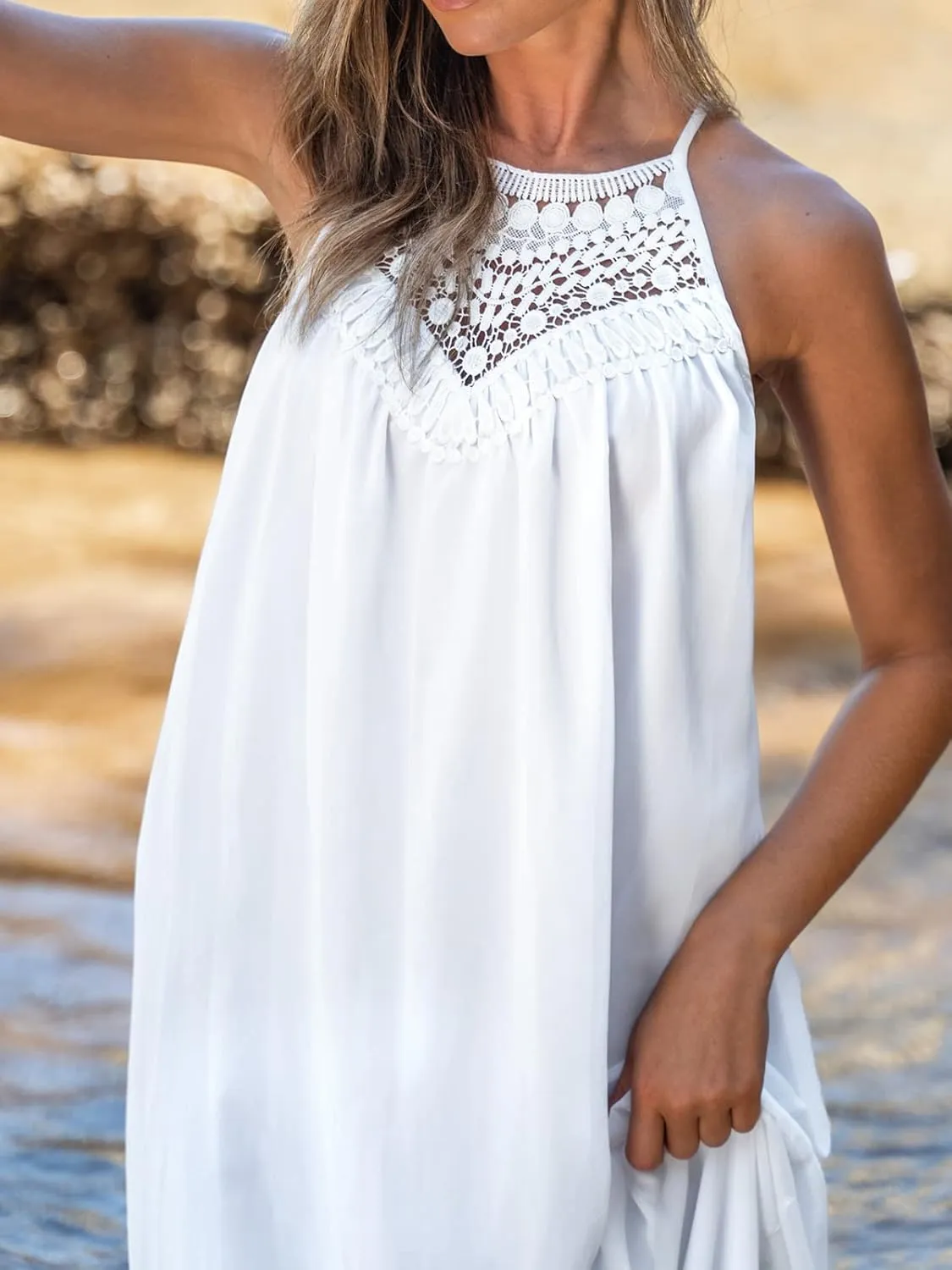 CUPSHE Women Loose Fit Halter Neck Lace Flowy Maxi Dress Summer Sleeveless Beach Dresses