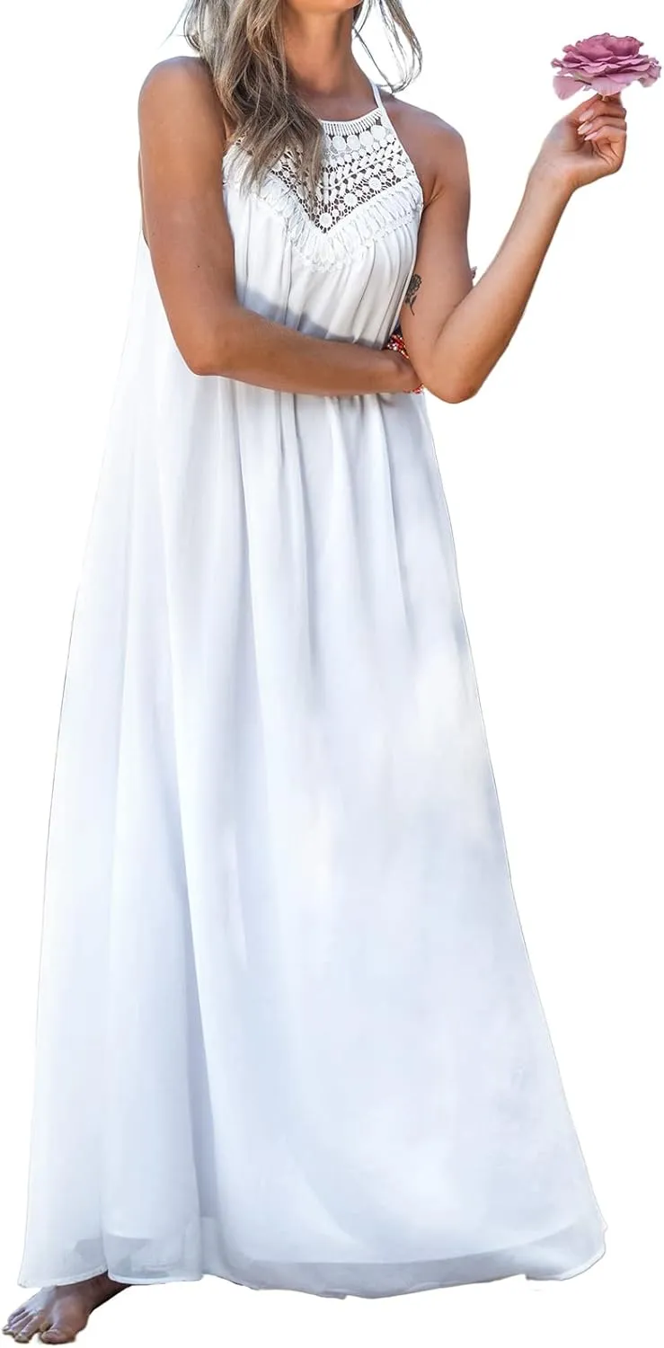 CUPSHE Women Loose Fit Halter Neck Lace Flowy Maxi Dress Summer Sleeveless Beach Dresses