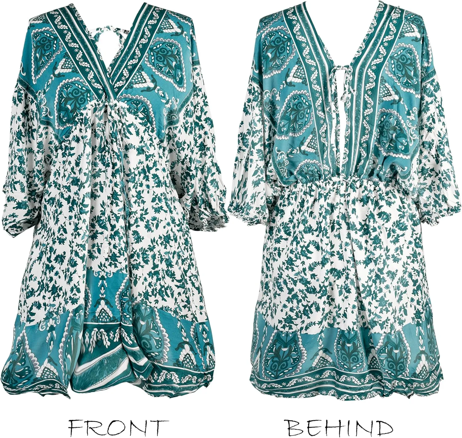 CUPSHE Women's Plunging V Neck Backless Beach Dress Paisley Boho Blouson Sleeve Back Tie Waist Tie Mini Summer Dresses