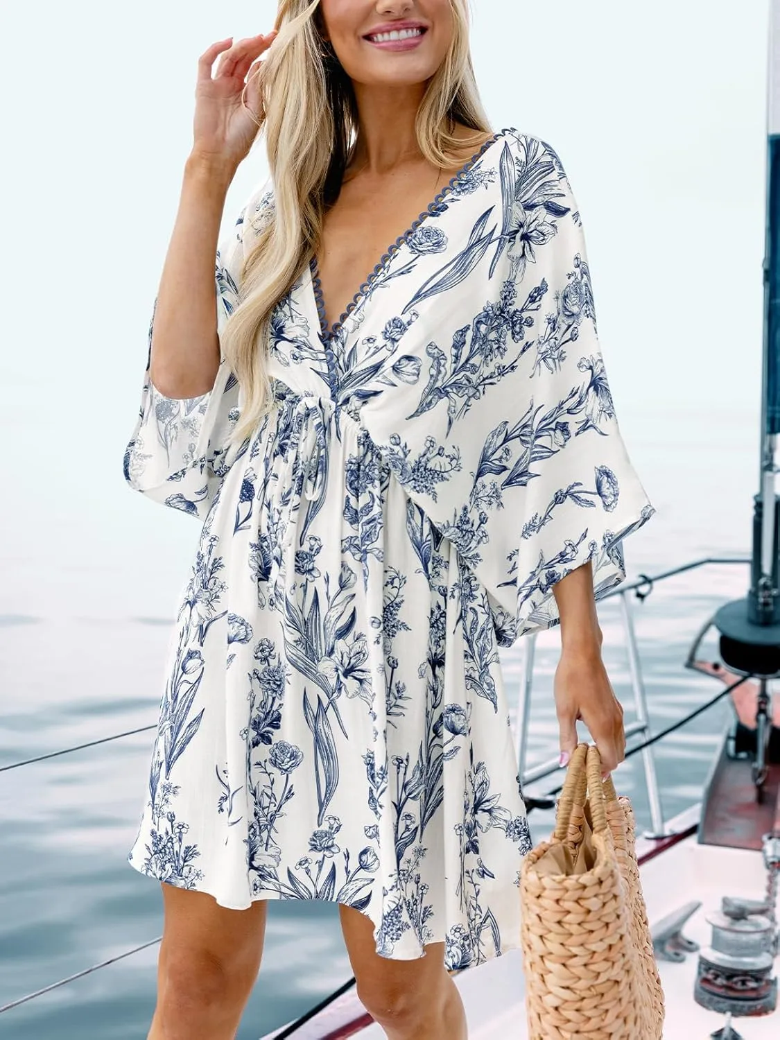 CUPSHE Women's Plunging V Neck Backless Beach Dress Paisley Boho Blouson Sleeve Back Tie Waist Tie Mini Summer Dresses