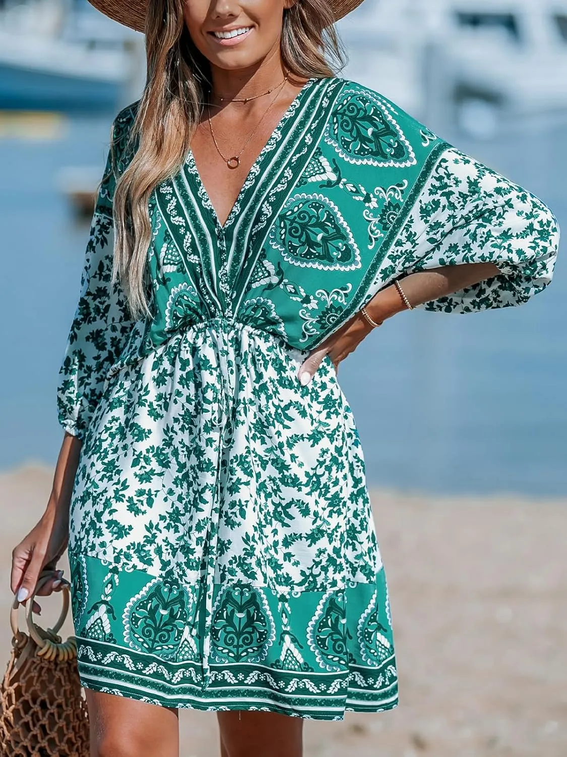CUPSHE Women's Plunging V Neck Backless Beach Dress Paisley Boho Blouson Sleeve Back Tie Waist Tie Mini Summer Dresses