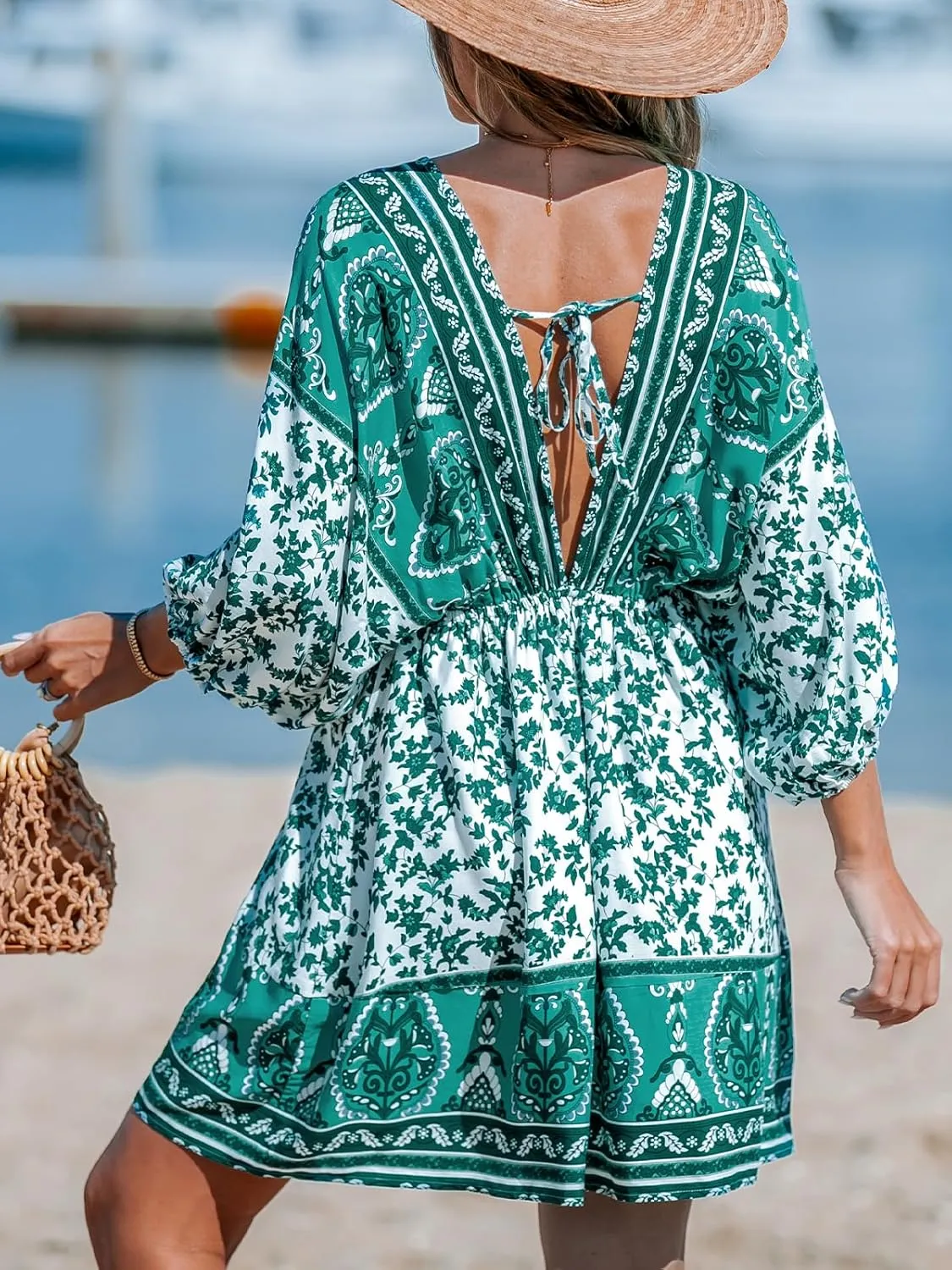 CUPSHE Women's Plunging V Neck Backless Beach Dress Paisley Boho Blouson Sleeve Back Tie Waist Tie Mini Summer Dresses