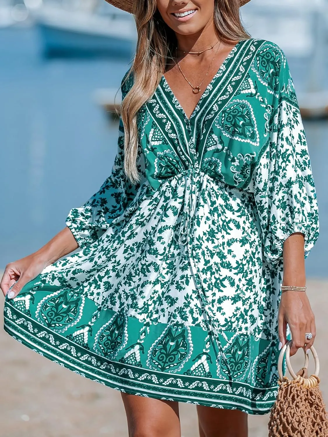 CUPSHE Women's Plunging V Neck Backless Beach Dress Paisley Boho Blouson Sleeve Back Tie Waist Tie Mini Summer Dresses